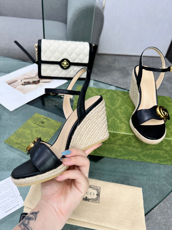 GG 26s Straw Platform Sandals 8cm Black Leather 926710