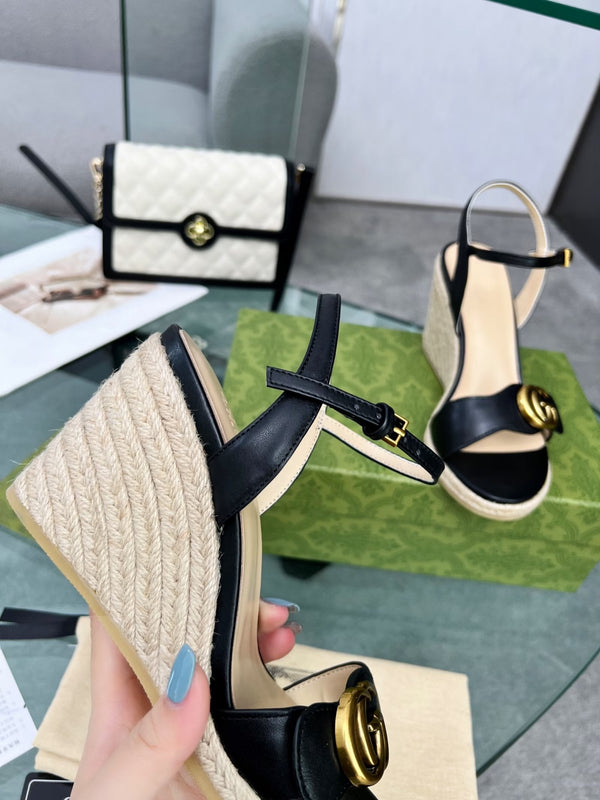 GG 26s Straw Platform Sandals 8cm Black Leather 926710