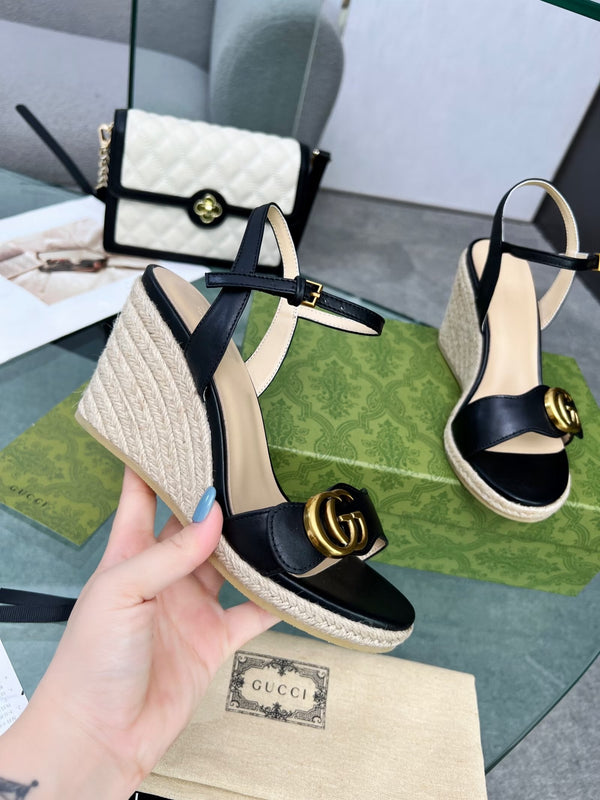GG 26s Straw Platform Sandals 8cm Black Leather 926710