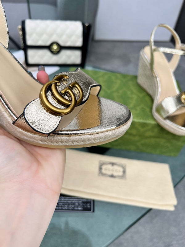 GG 26s Straw Platform Sandals 8cm Light Gold Metalic Leather 926714