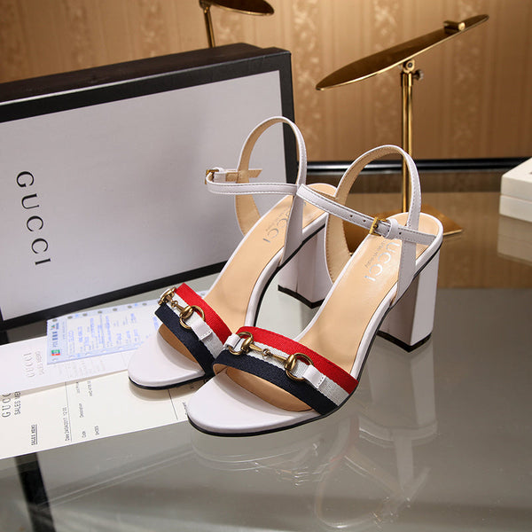 GG 26s Horsebit Sandals 8cm White Leather Canvas 926697