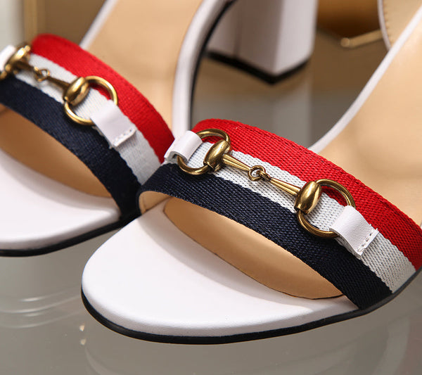 GG 26s Horsebit Sandals 8cm White Leather Canvas 926697