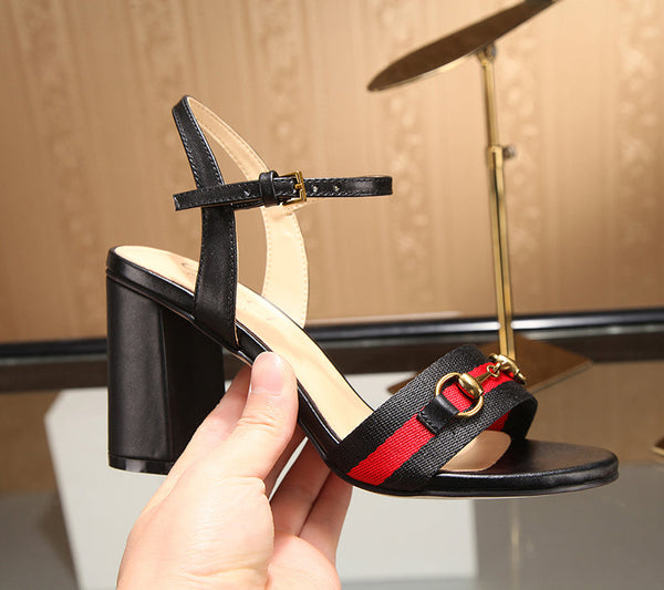 GG 26s Horsebit Sandals 8cm Black Leather Canvas 926698