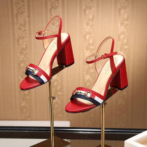 GG 26s Horsebit Sandals 8cm Red Leather Canvas 926699