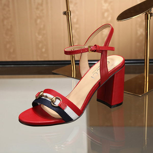 GG 26s Horsebit Sandals 8cm Red Leather Canvas 926699