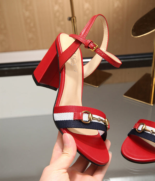 GG 26s Horsebit Sandals 8cm Red Leather Canvas 926699