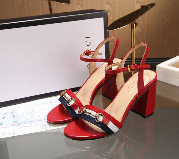 GG 26s Horsebit Sandals 8cm Red Leather Canvas 926699