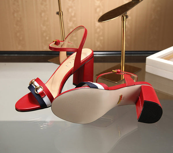GG 26s Horsebit Sandals 8cm Red Leather Canvas 926699
