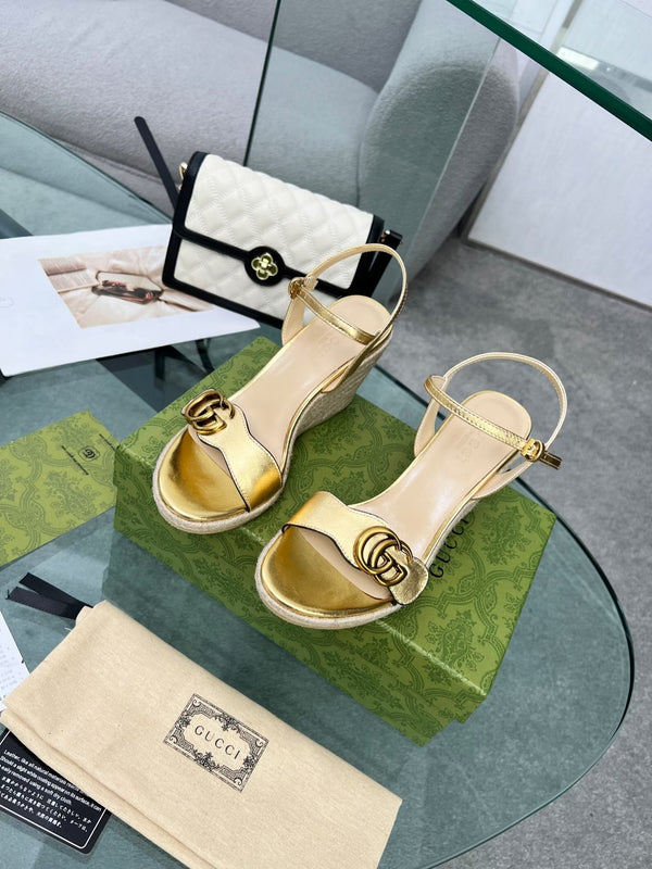 GG 26s Straw Platform Sandals 8cm Gold Leather 926712