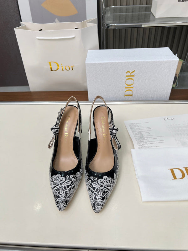 CD 26s J'Adior Slingback Pumps Black White Lace Calfskin 153615