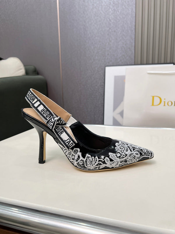 CD 26s J'Adior Slingback Pumps Black White Lace Calfskin 153615