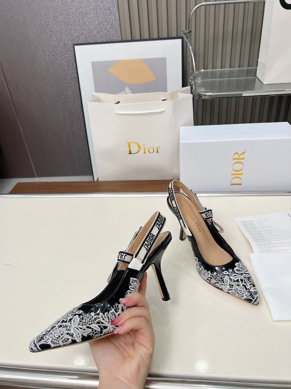 CD 26s J'Adior Slingback Pumps Black White Lace Calfskin 153615