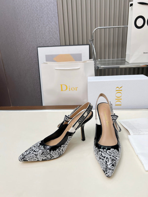 CD 26s J'Adior Slingback Pumps Black White Lace Calfskin 153615