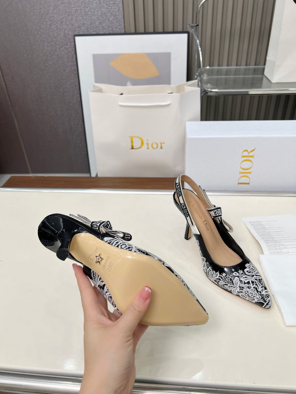 CD 26s J'Adior Slingback Pumps Black White Lace Calfskin 153615