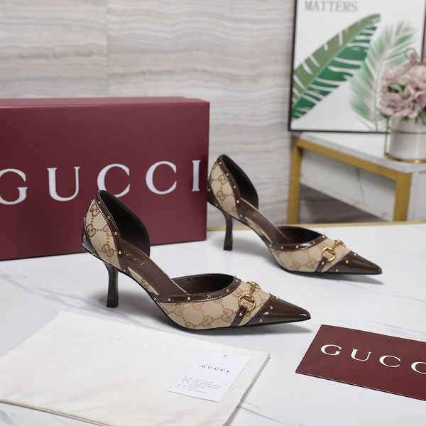 GG 26s Savoy Pumps Brown Beige Lambskin Canvas 961239