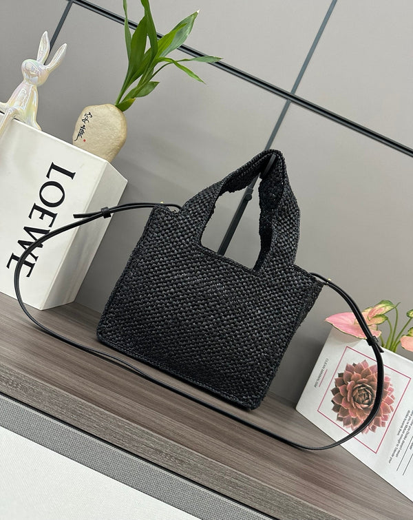 Loewe Small Font Tote Black Raffia