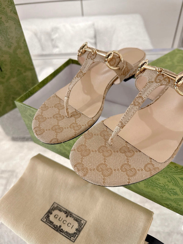 GC Horsebit Thong Sandals Beige Canvas Leather 292475