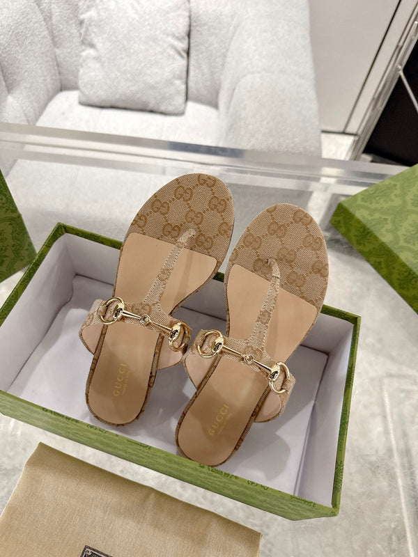 GC Horsebit Thong Sandals Beige Canvas Leather 292475