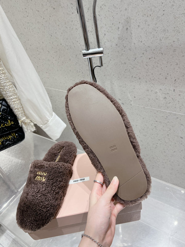 Miu Slippers Brown Earth Wool Fabric
