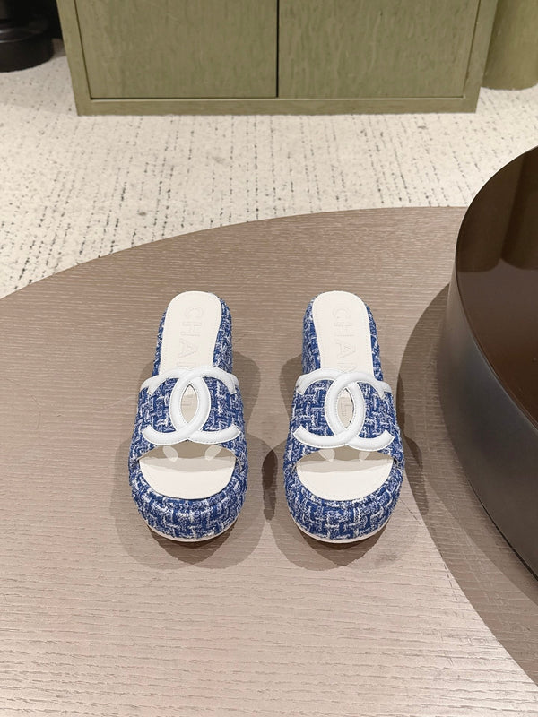 CC 26s Platform Mules Dark Blue Lambskin Fabric 916994