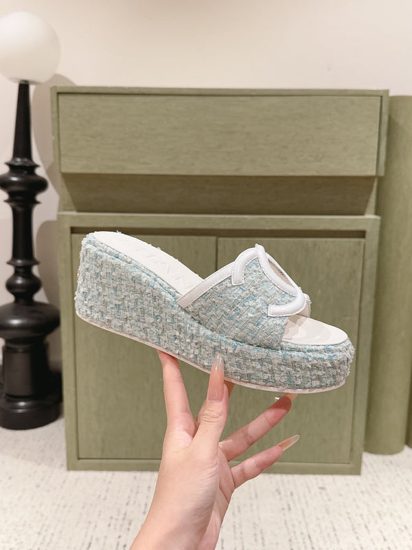 CC 26s Platform Mules Grey Blue Lambskin Fabric 916996
