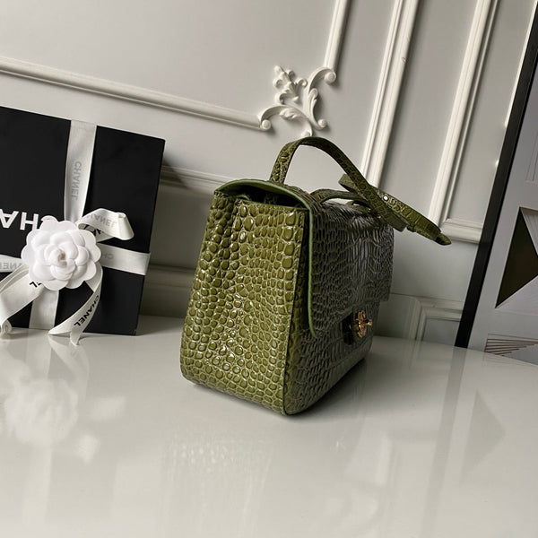 CC Croc Embossed Flap Bag 32cm Olive Imported Leather