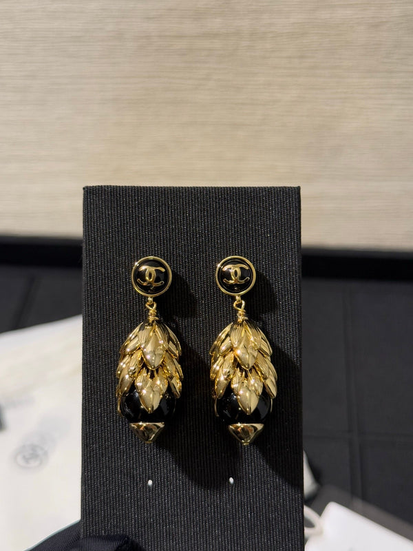 Chanel 2026 Black Gold Enamel Wheat Earrings with Double C Design
