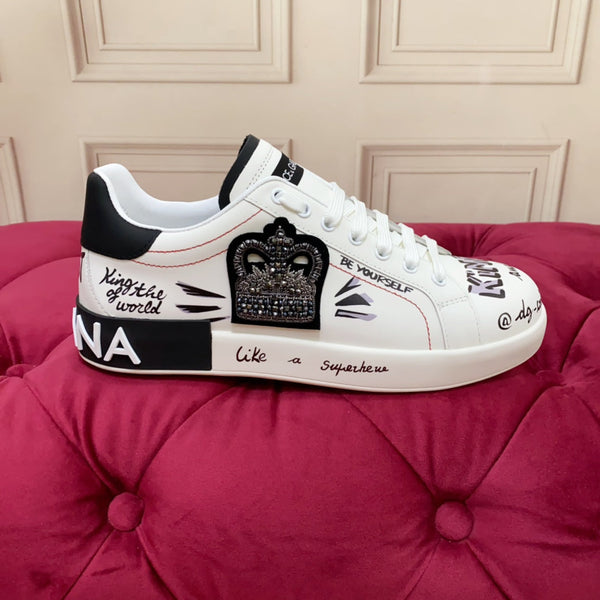 DC 24 Portofino Sneakers Black White Digital-Print Sheepskin & Crown Embroidery 100858