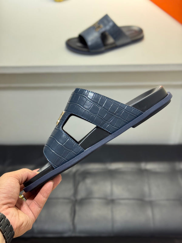 HM Oran H Slippers in Navy Blue Cowhide 735235