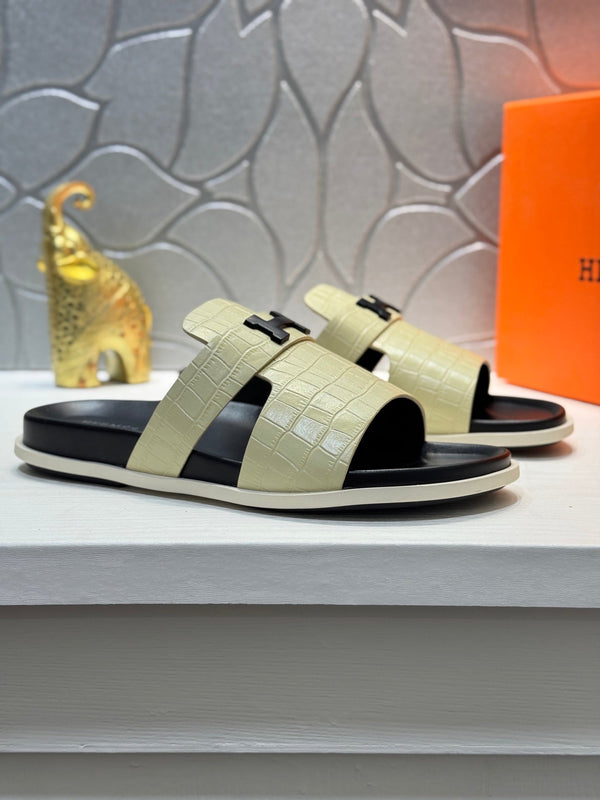 HM Oran H Noir Buckle Slippers in Cream Cowhide 735239