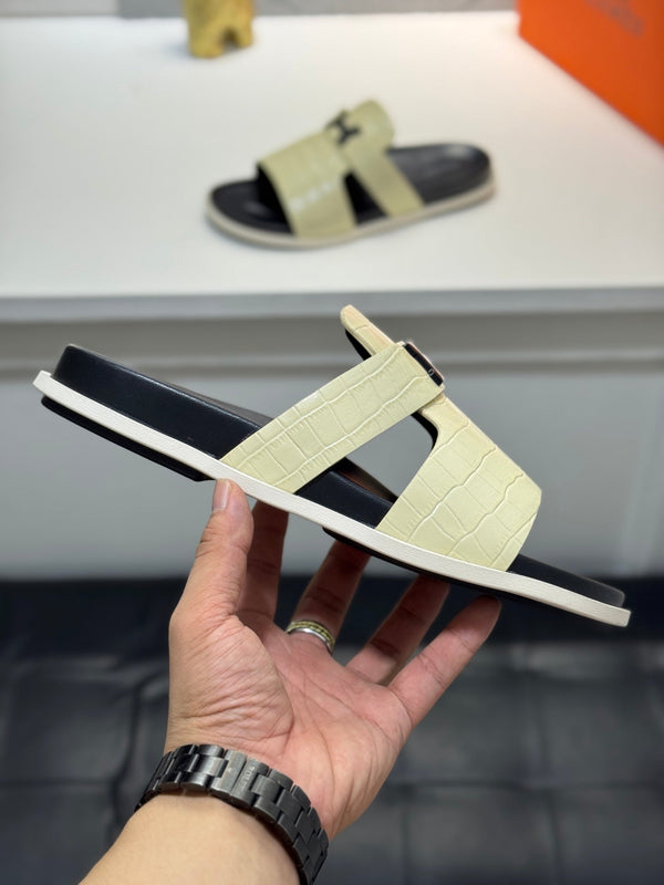 HM Oran H Noir Buckle Slippers in Cream Cowhide 735239