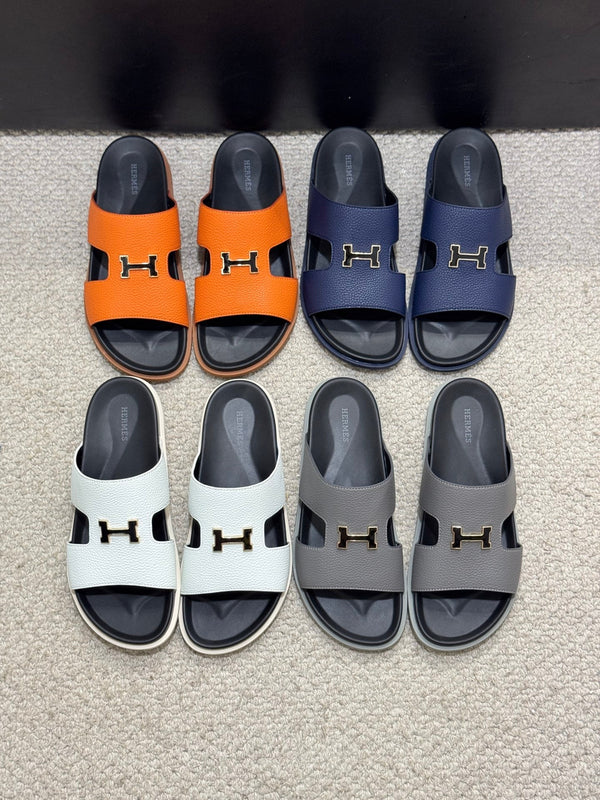 HM Oran H Black Gold Buckle Slippers in Blue Cowhide 735243
