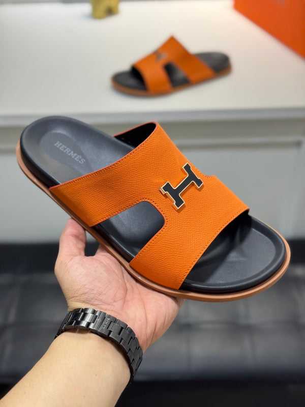 HM Oran H Black Gold Buckle Slippers in Orange Cowhide 735253