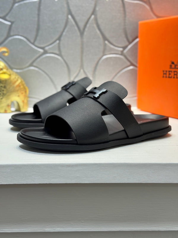 HM Oran H Noir Buckle Slippers in Black Cowhide 735255