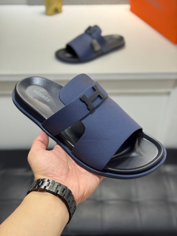 HM Oran H Noir Buckle Slippers in Navy Blue Cowhide 735257