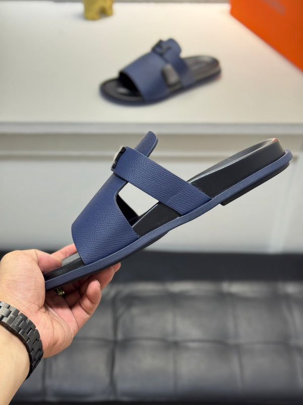 HM Oran H Noir Buckle Slippers in Navy Blue Cowhide 735257