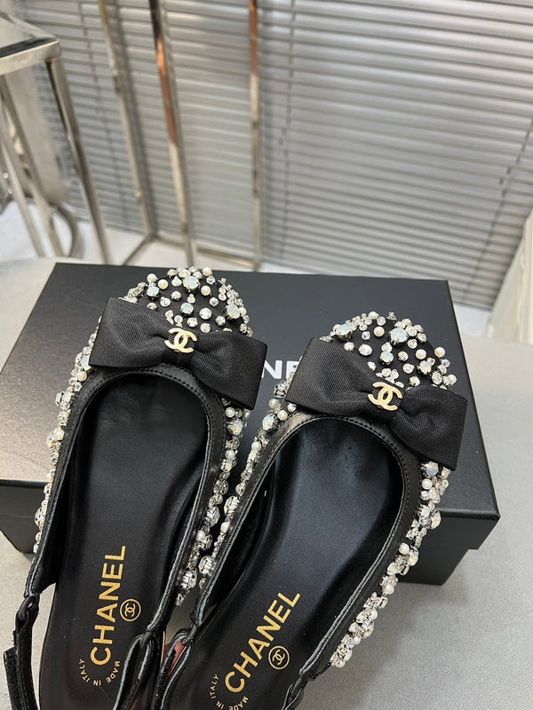 slingback flat black bowl silk diamond buckle