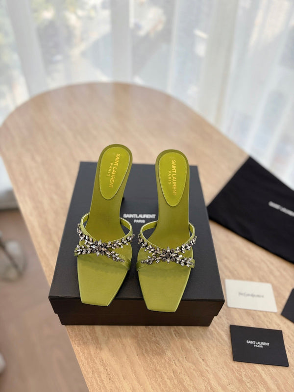 RAV HIGH HEEL 10 CM EMBELLISHED OLIVE GREEN SATIN MULES