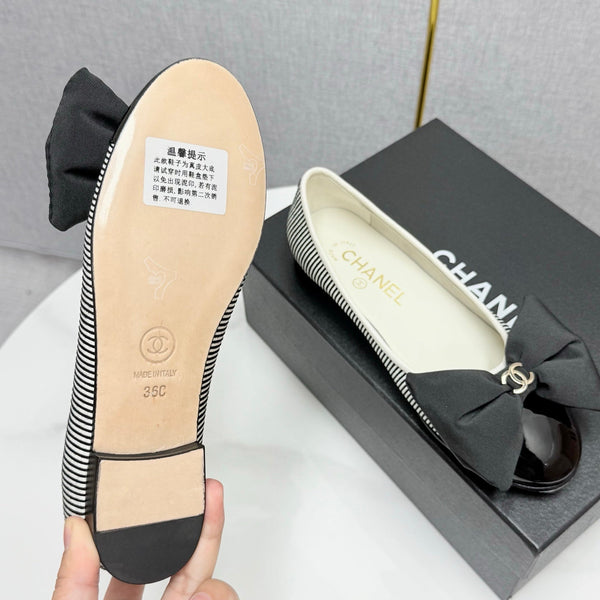 CC 25 Bow Ballet Flats Black White Canvas Striped Pattern And Grosgrain 368809