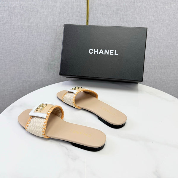CC 26s Woven Strap Slides Beige Orange Lambskin