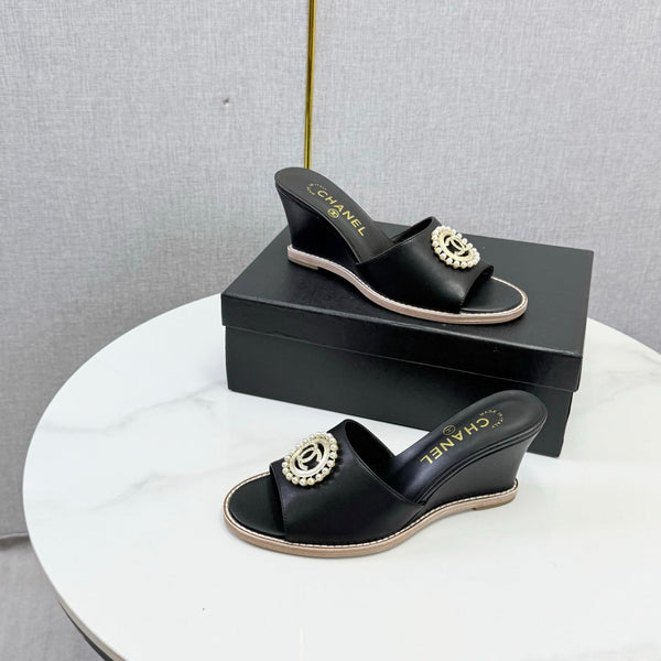 CC 26s Wedge Heels In Black Lambskin With Cc Pearl Embellished