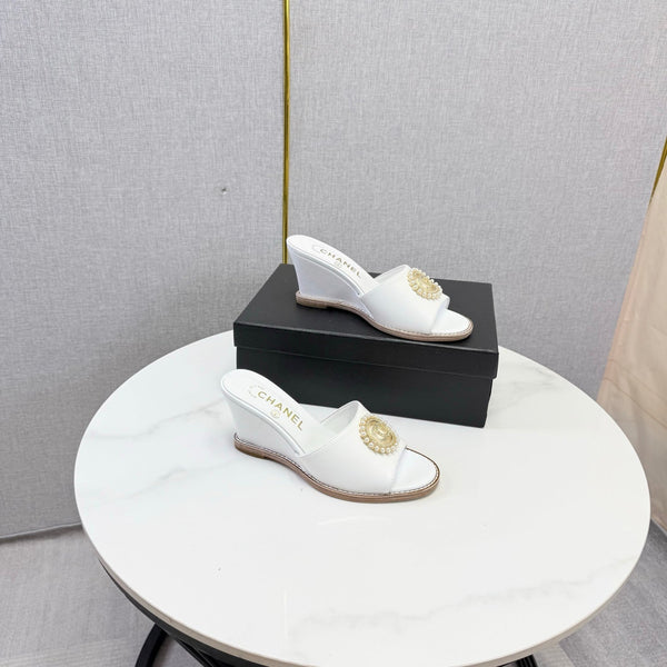 CC 26s Wedge Heels In White Lambskin With CC Pearl Embellished