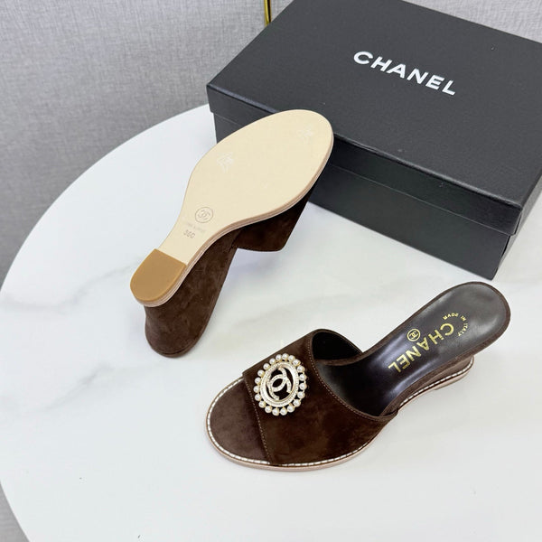 CC 26s Wedge Heels In Dark Brown Suede With CC Pearl Embellished
