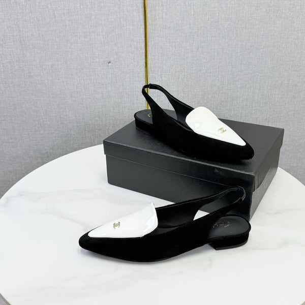 CC 26s Pointed Slingback Flat Black White Suede Patent Leather 972779