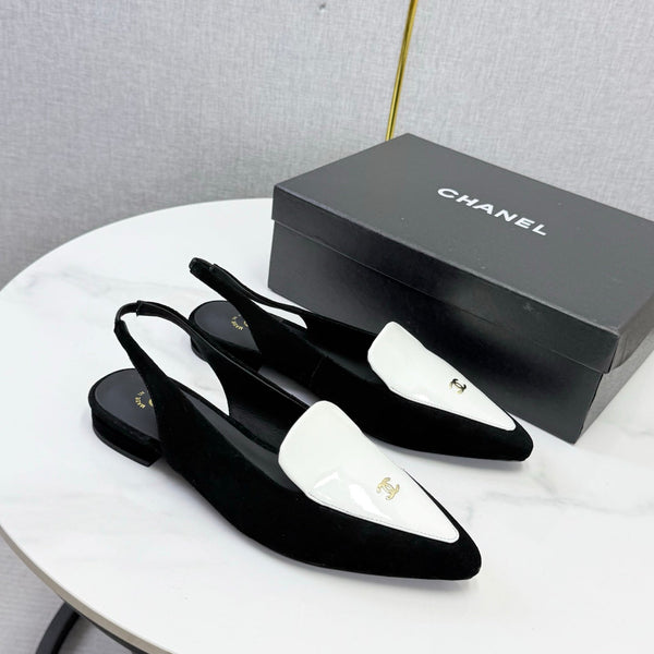 CC 26s Pointed Slingback Flat Black White Suede Patent Leather 972779