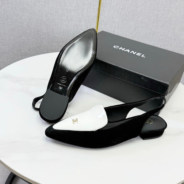 CC 26s Pointed Slingback Flat Black White Suede Patent Leather 972779