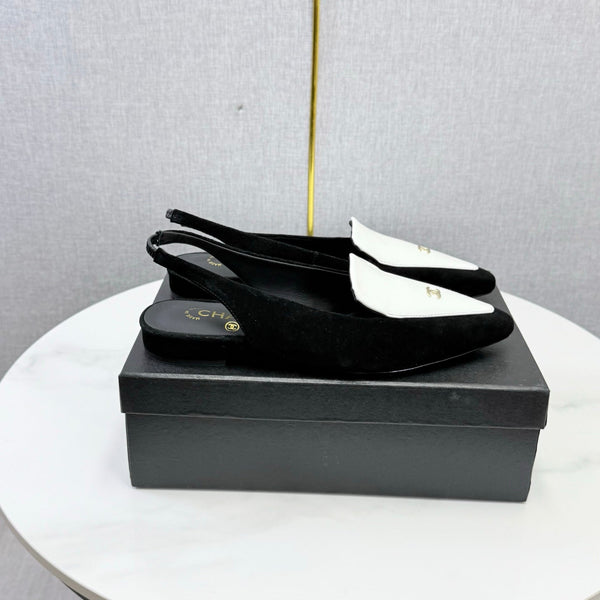 CC 26s Pointed Slingback Flat Black White Suede Patent Leather 972779