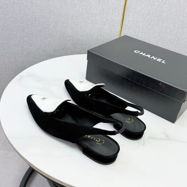 CC 26s Pointed Slingback Flat Black White Suede Patent Leather 972779
