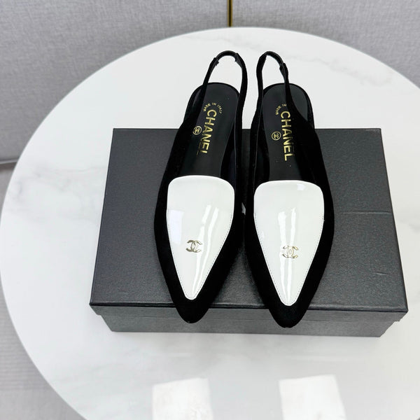 CC 26s Pointed Slingback Flat Black White Suede Patent Leather 972779