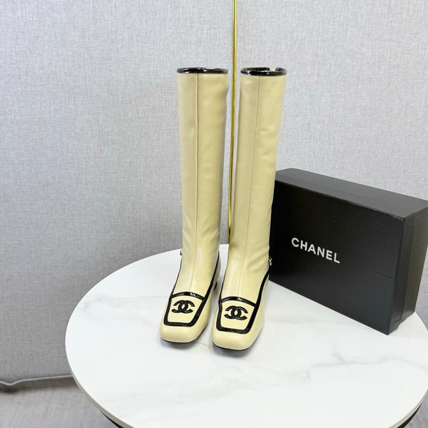 CC 26s Square Toe Low Heel Long Boots Black Beige Sheeepskin 972799